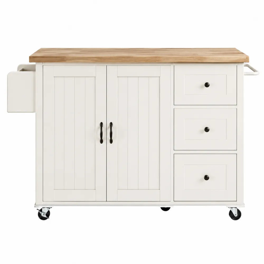 Chariot de cuisine en bois avec tiroirs et portes sur roulettes