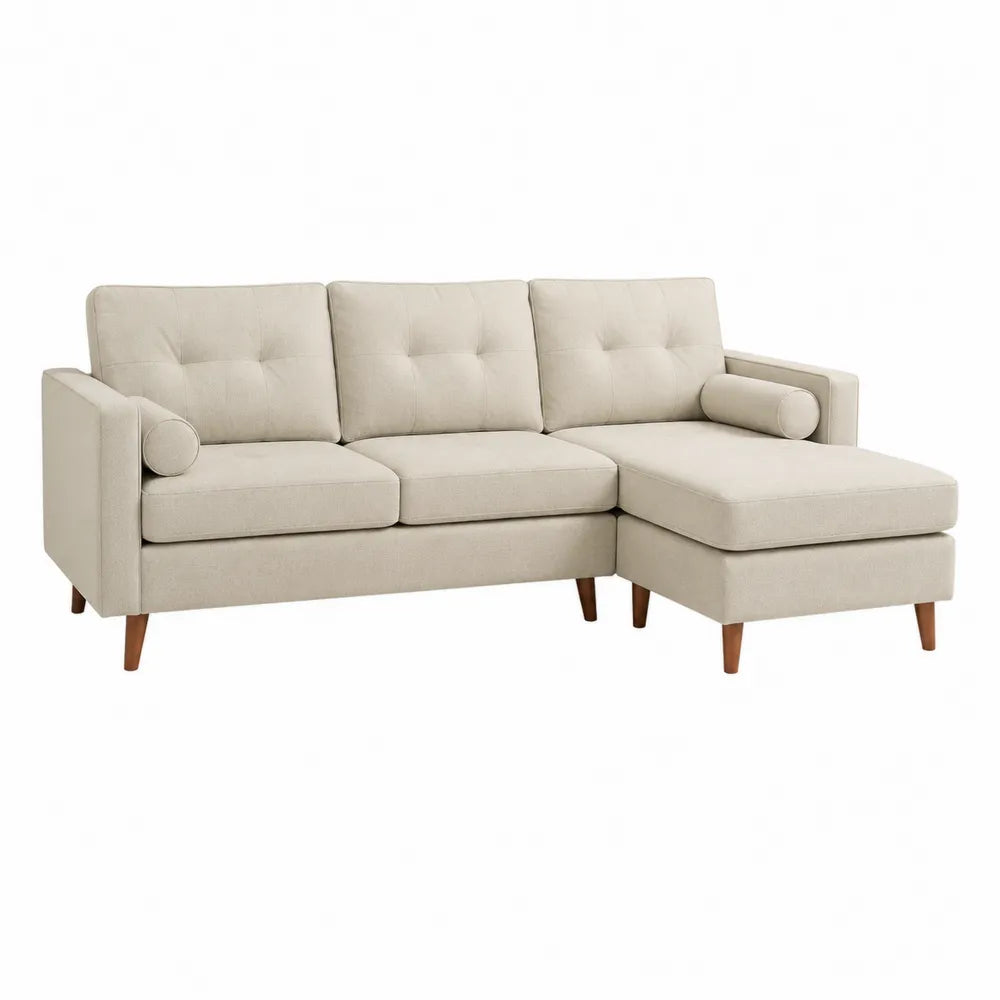 Canapé sectionnel en tissu polyester beige avec méridienne et pieds en bois