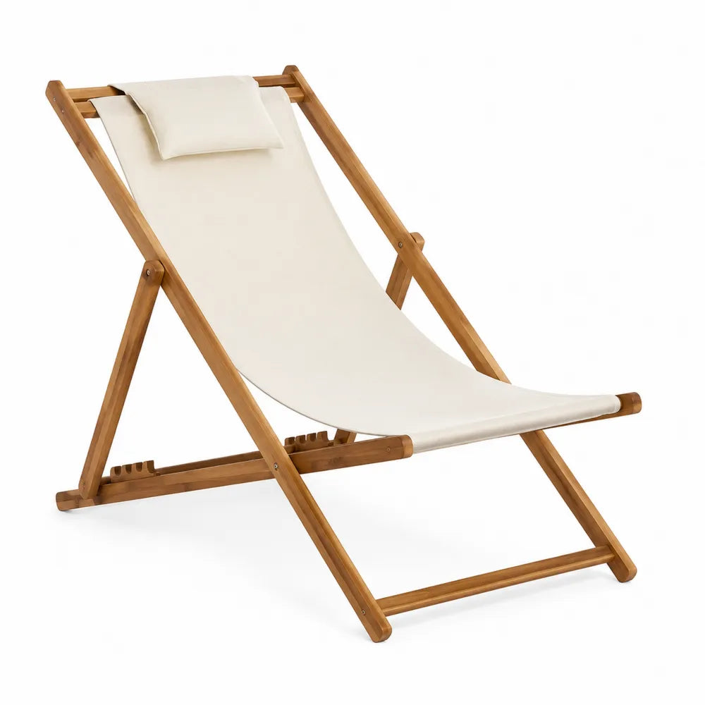 Chaise Longue Extérieure en Bois et Tissu Polyester Blanc