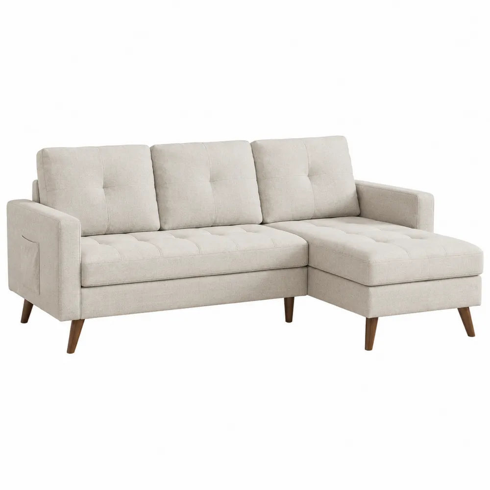 Canapé modulaire en tissu polyester beige, méridienne réversible 215 cm
