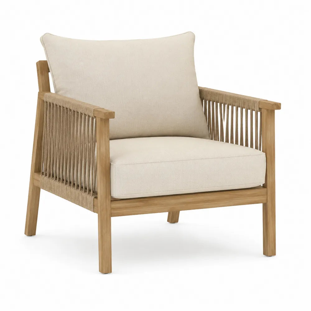 Fauteuil en bois de teck avec coussins en polyester crème