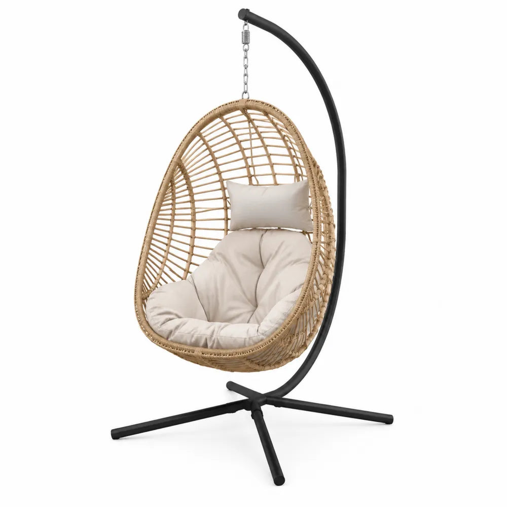 Chaise suspendue en rotin beige avec coussin et support en acier