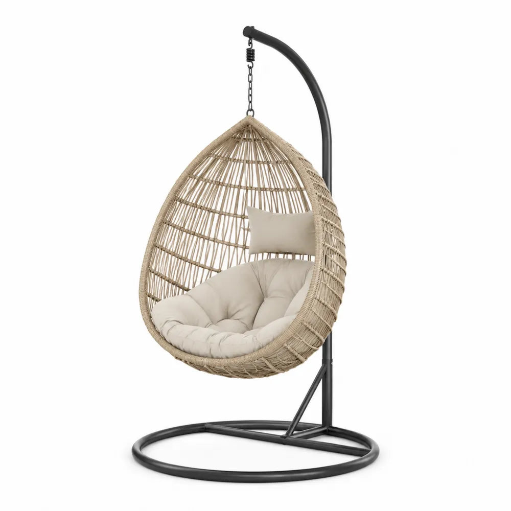 Chaise suspendue en rotin synthétique beige avec support en acier noir
