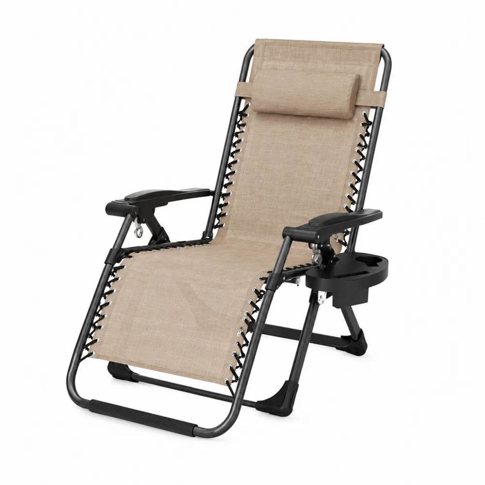Chaise longue pliable en métal avec tissu textilène beige