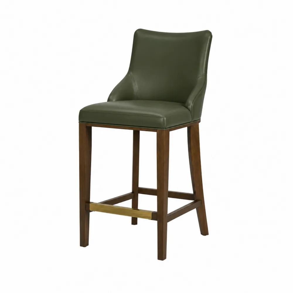 Tabouret de bar en cuir vert avec cadre en bois