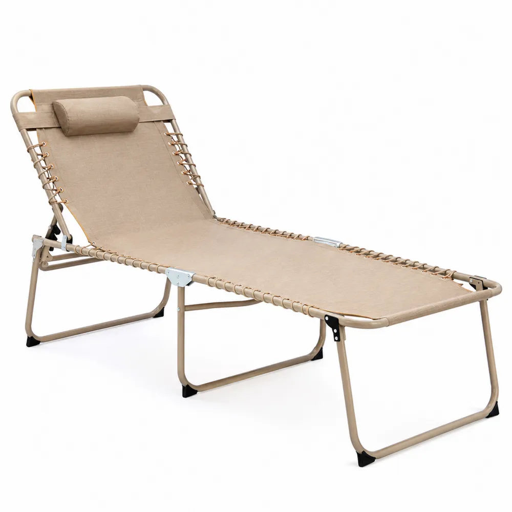 Chaise longue pliable beige en acier et polyester