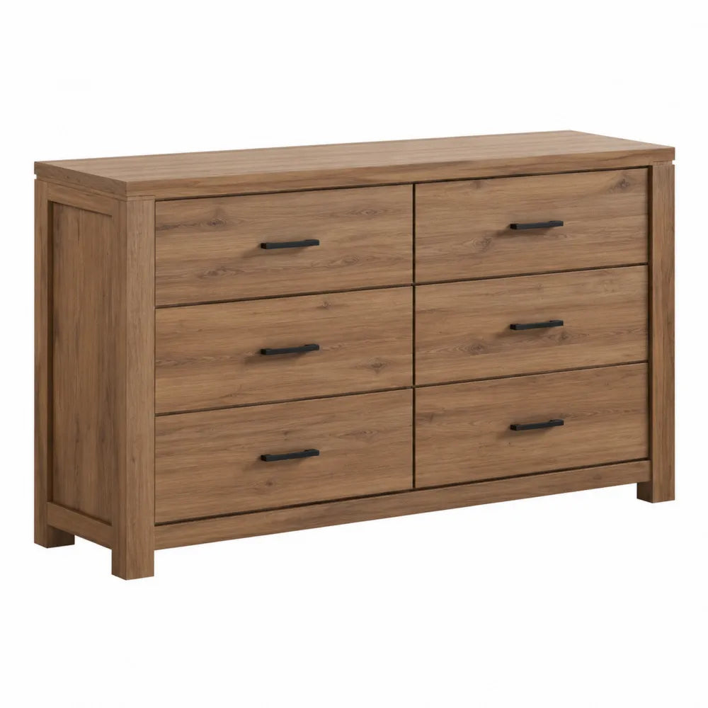 Commode 6 tiroirs en bois de chêne avec poignées en métal