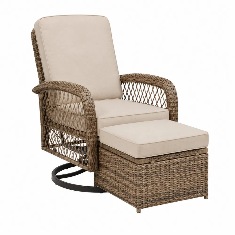 Fauteuil en rotin avec repose-pieds pivotant beige