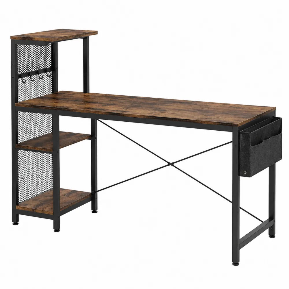 Bureau en métal et bois avec étagères et pochette latérale