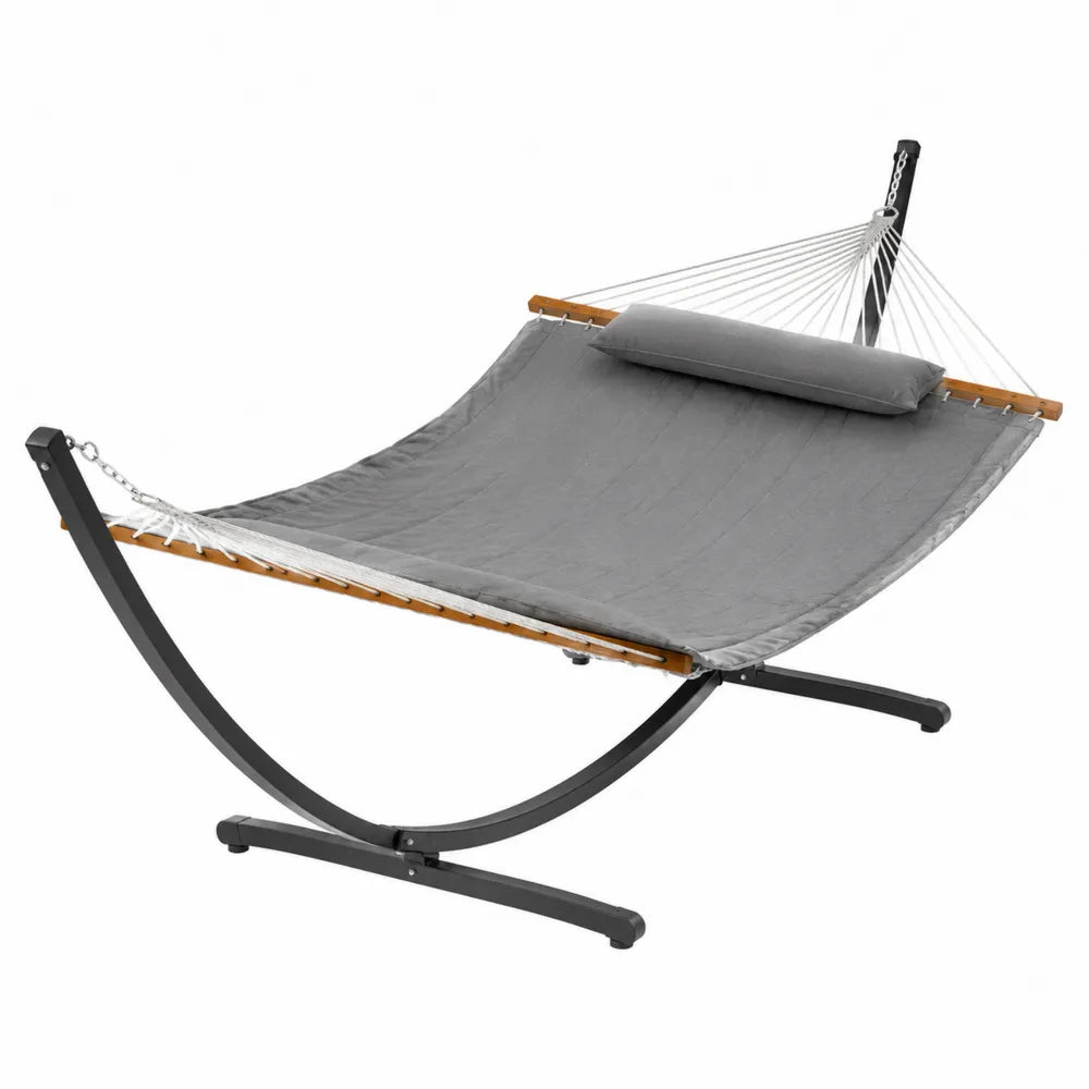 Hamac avec support en bois et acier, toile en coton gris