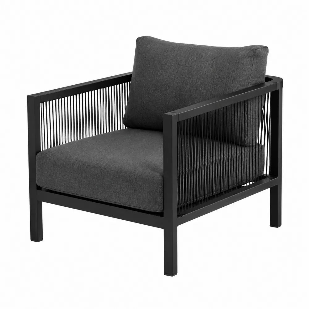 Fauteuil en aluminium et corde noir avec coussin gris