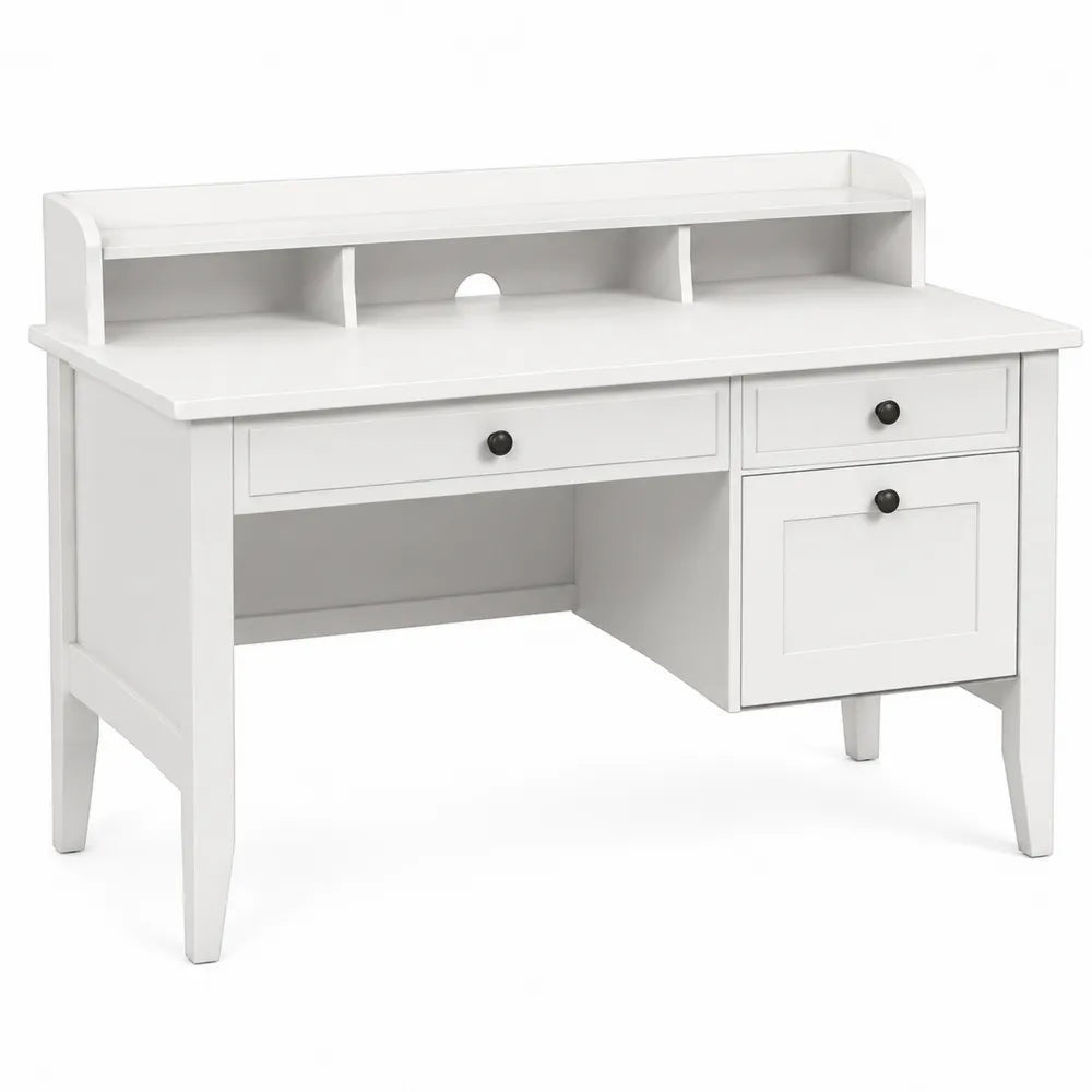 Bureau en bois blanc avec étagère et tiroirs