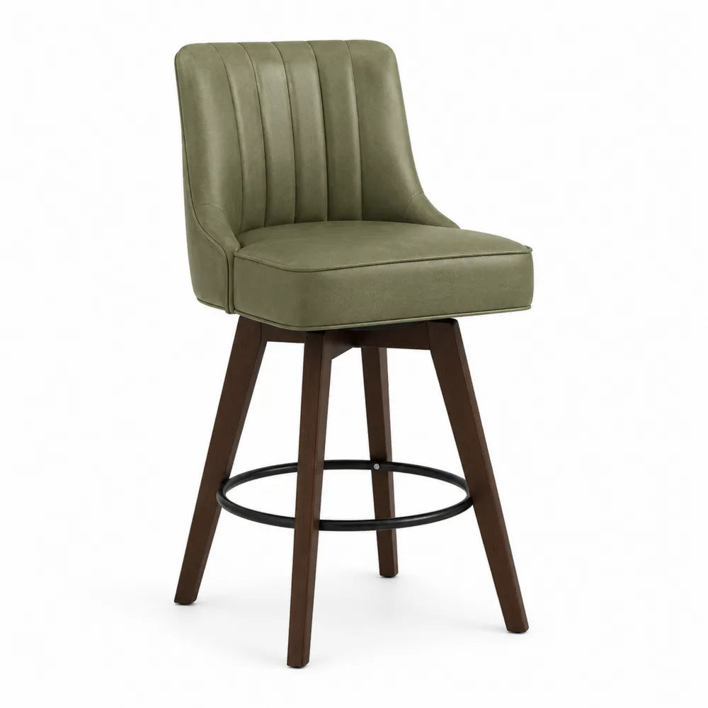 Chaise de bar pivotante en similicuir vert et bois