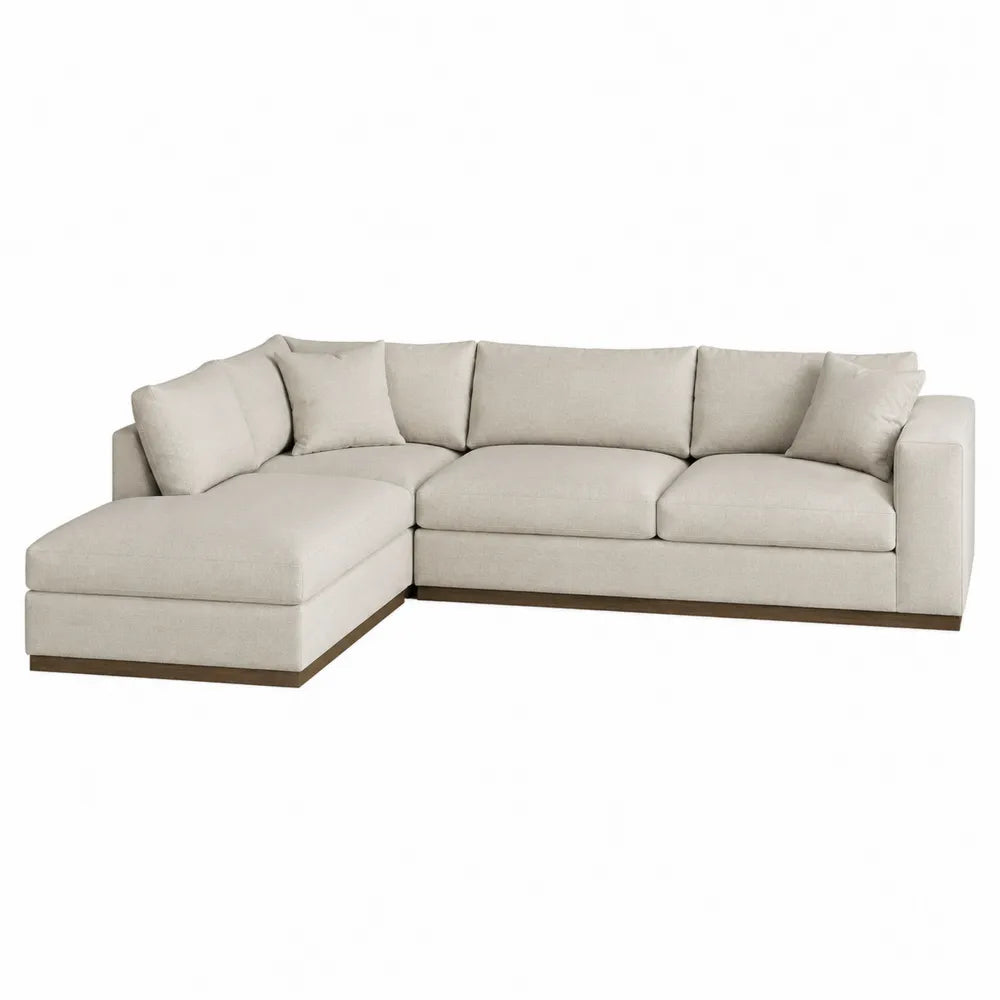 Canapé d'angle en tissu polyester beige avec structure en bois