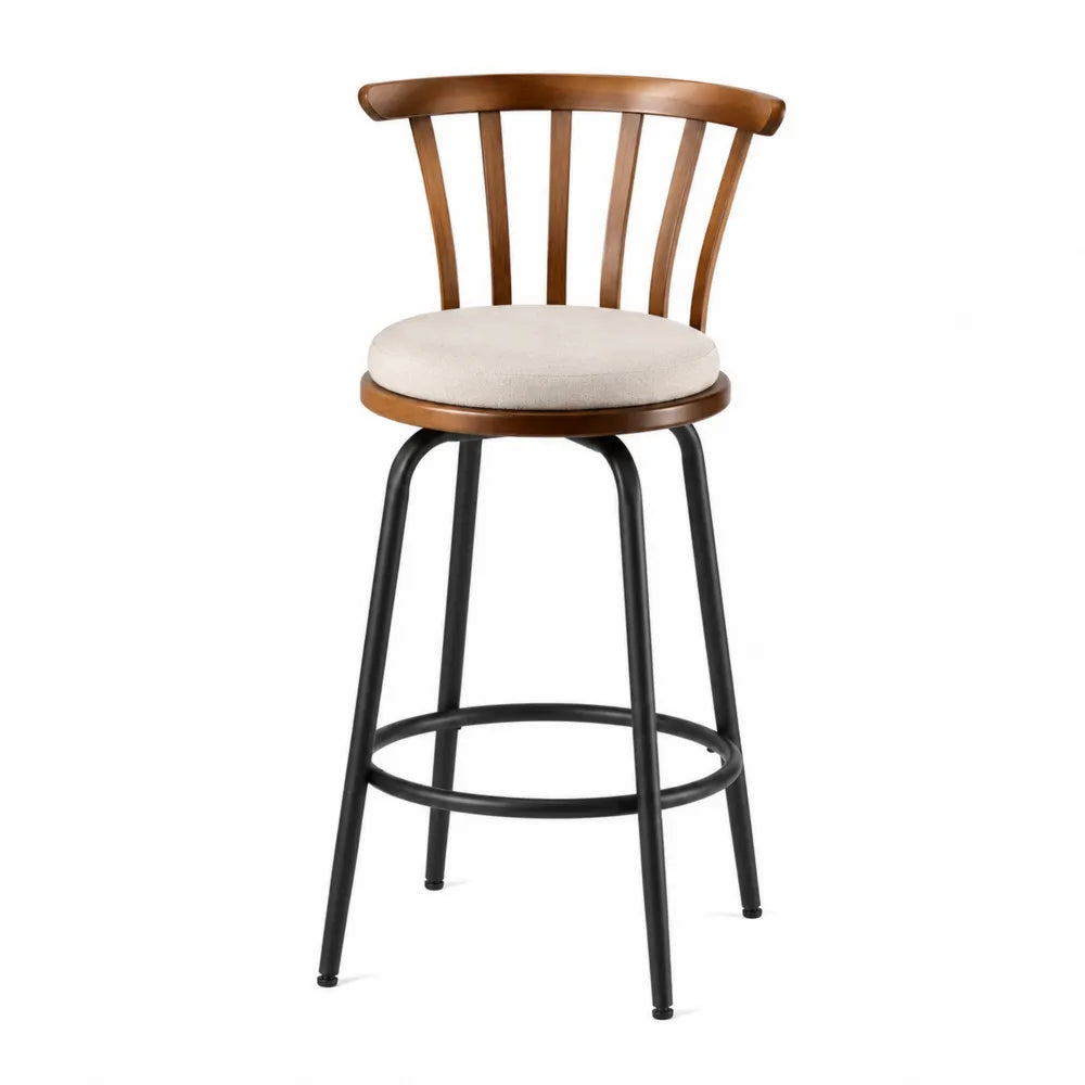 Tabouret de bar en métal et bois avec assise en tissu beige