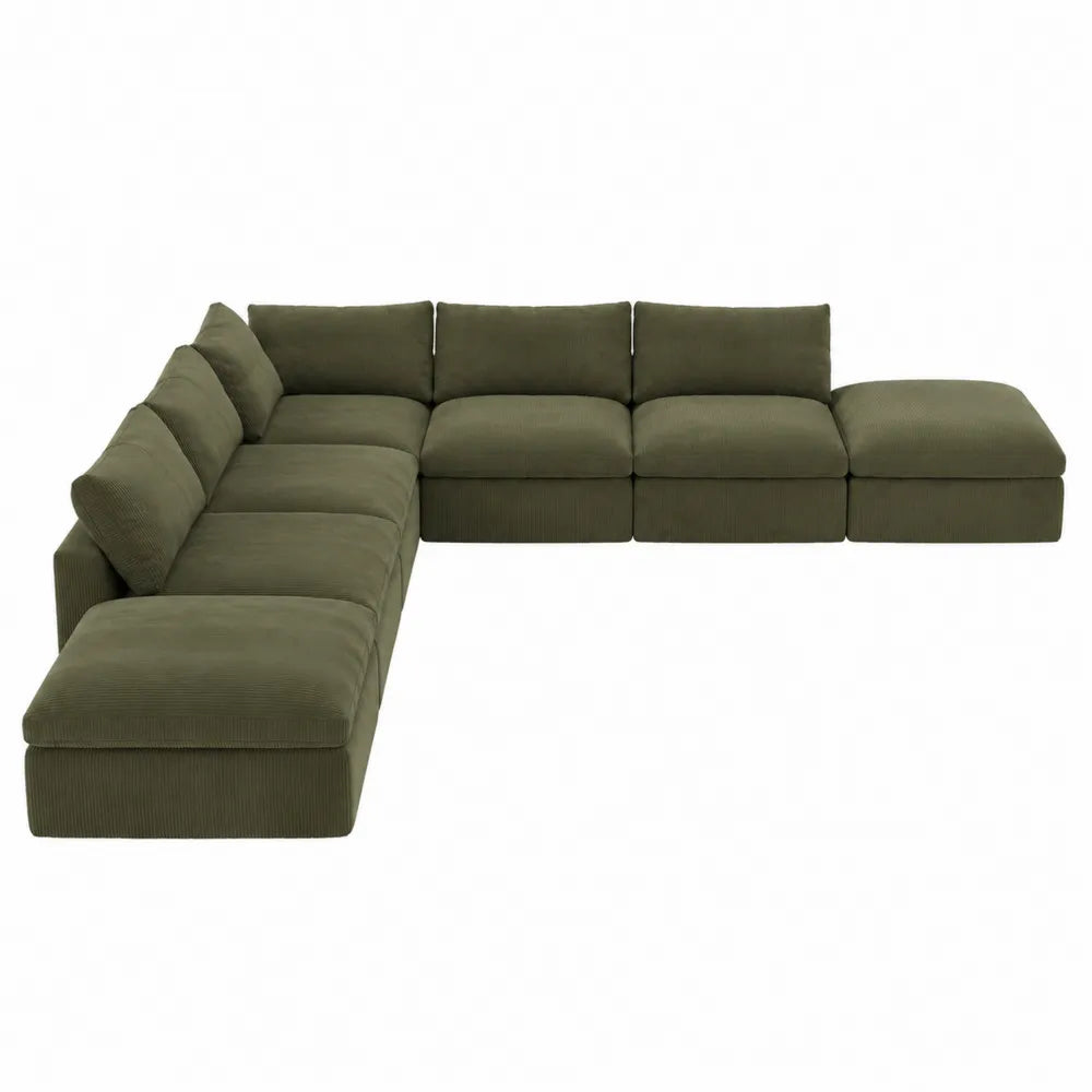 Canapé modulaire en velours côtelé vert olive 6 places en U