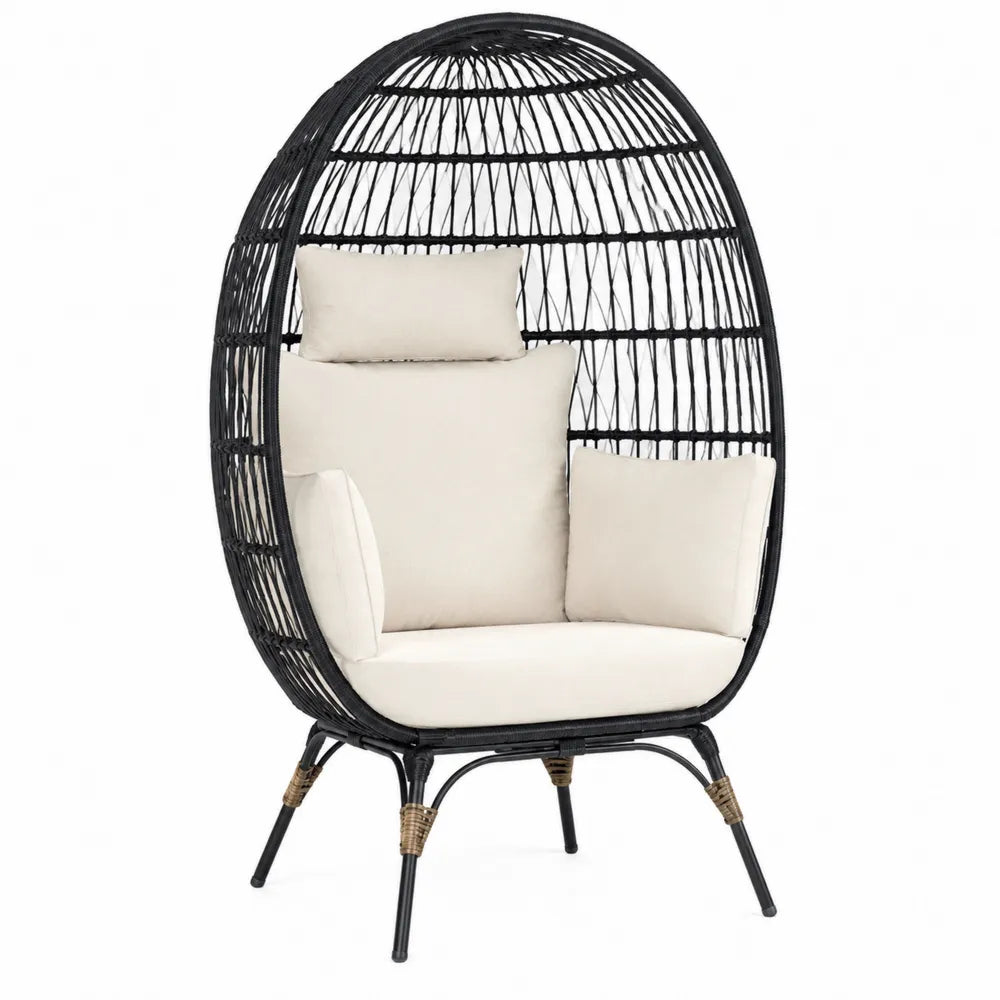 Chaise Œuf en Résine Tressée Noire avec Coussins Écrus
