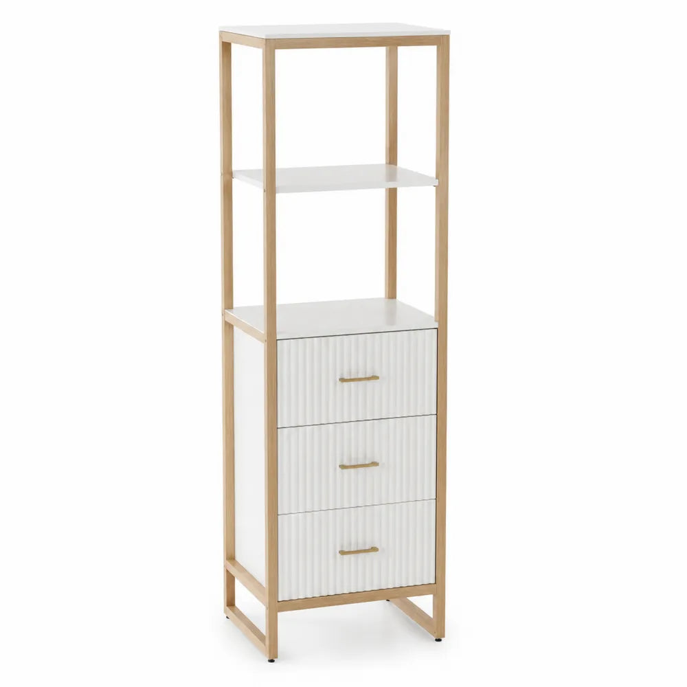 Étagère de rangement en bois avec tiroirs, bois clair et blanc