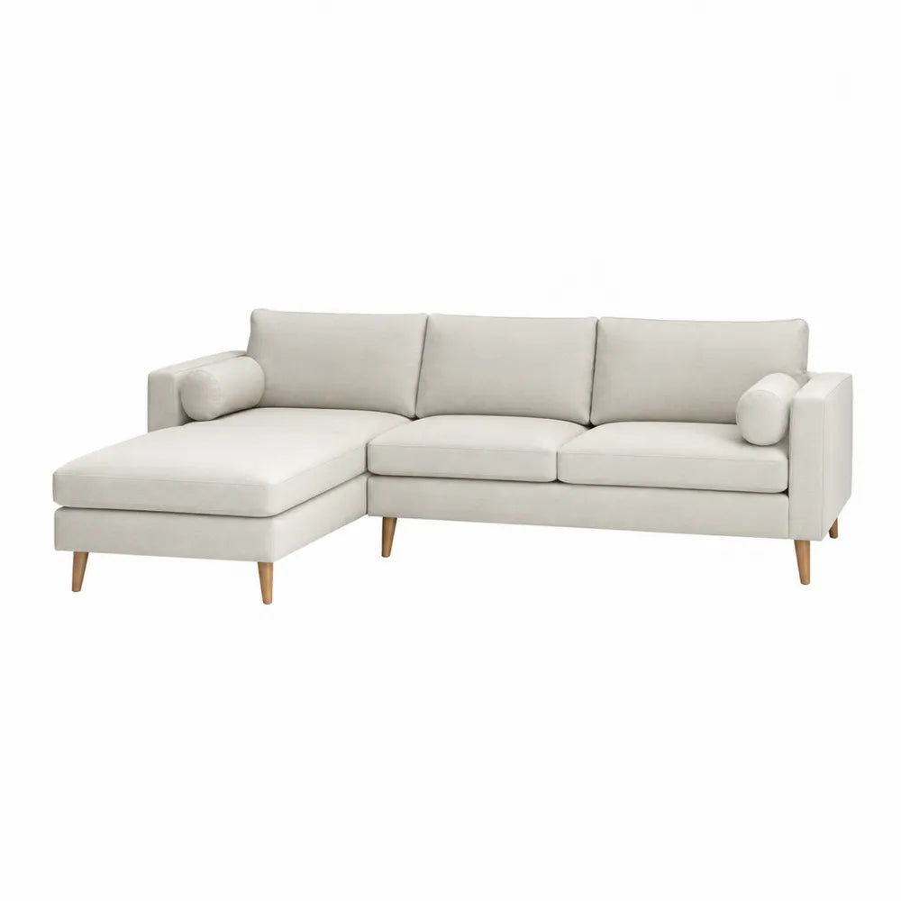 Canapé d'angle beige en tissu avec méridienne et pieds en bois de hêtre