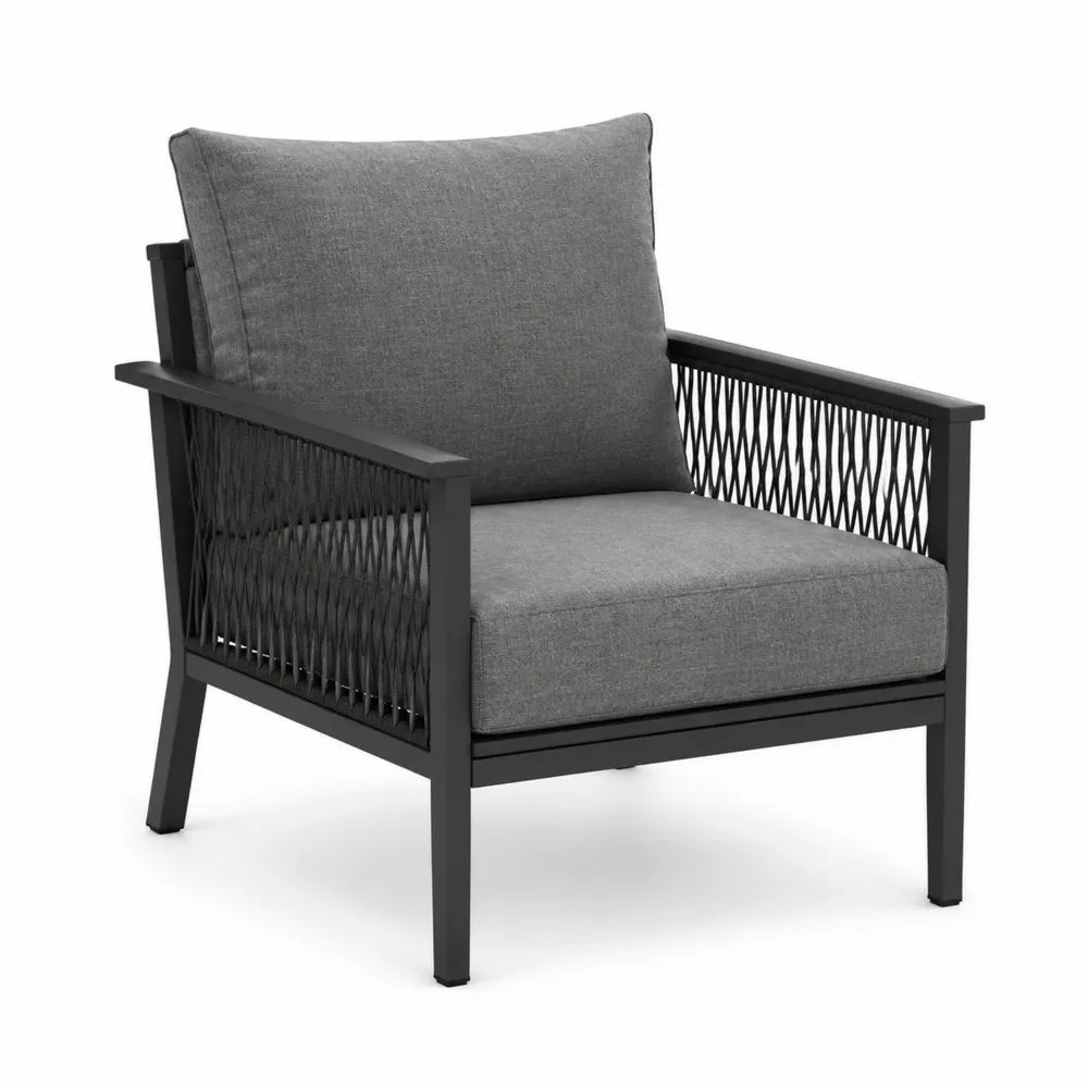 Fauteuil extérieur en aluminium avec coussins en tissu polyester gris