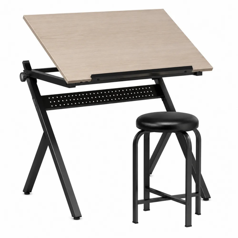 Table à dessin inclinable en bois et métal avec tabouret