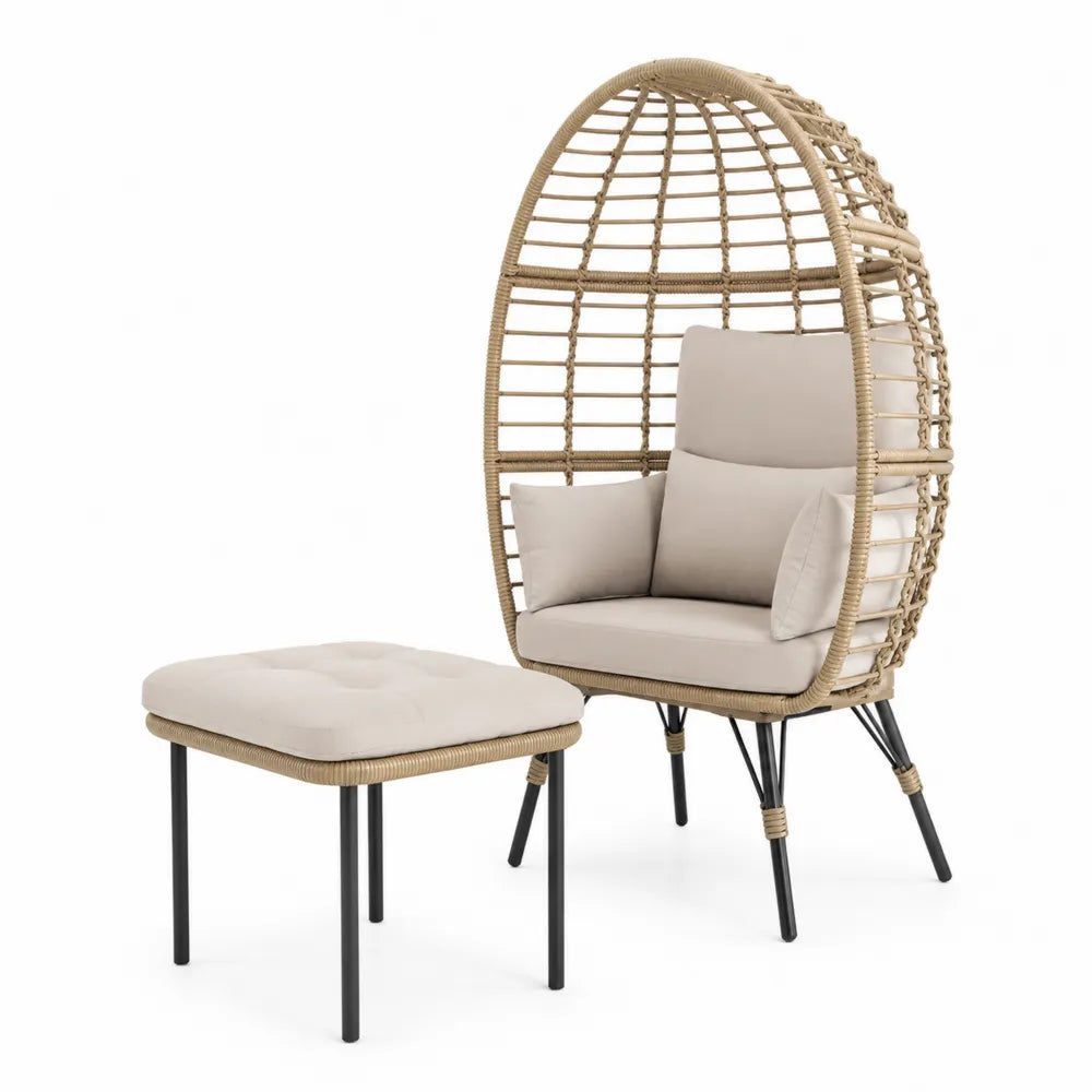 Fauteuil en rotin avec repose-pieds et coussins en polyester beige