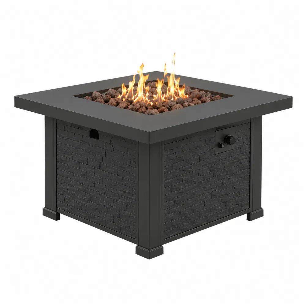 Table de feu en métal noir avec effet pierre et pierre de lave