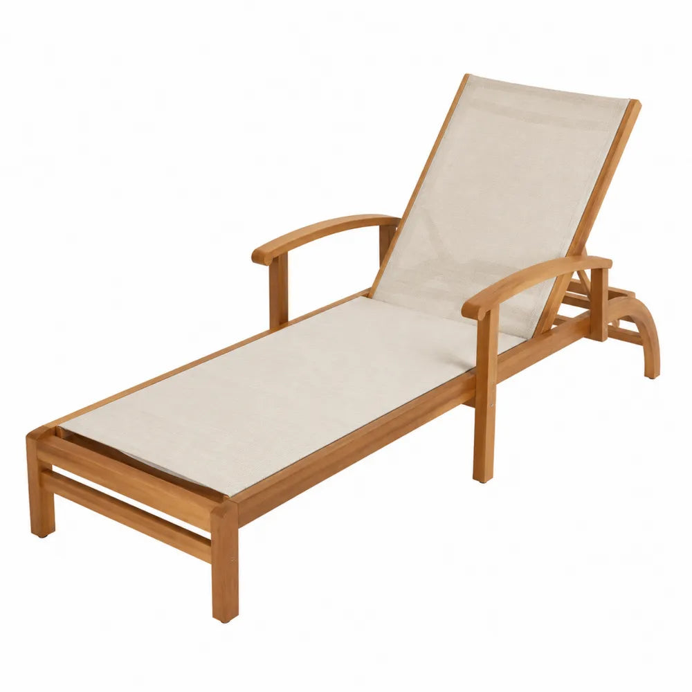 Chaise longue en bois d'acacia et textilène beige réglable
