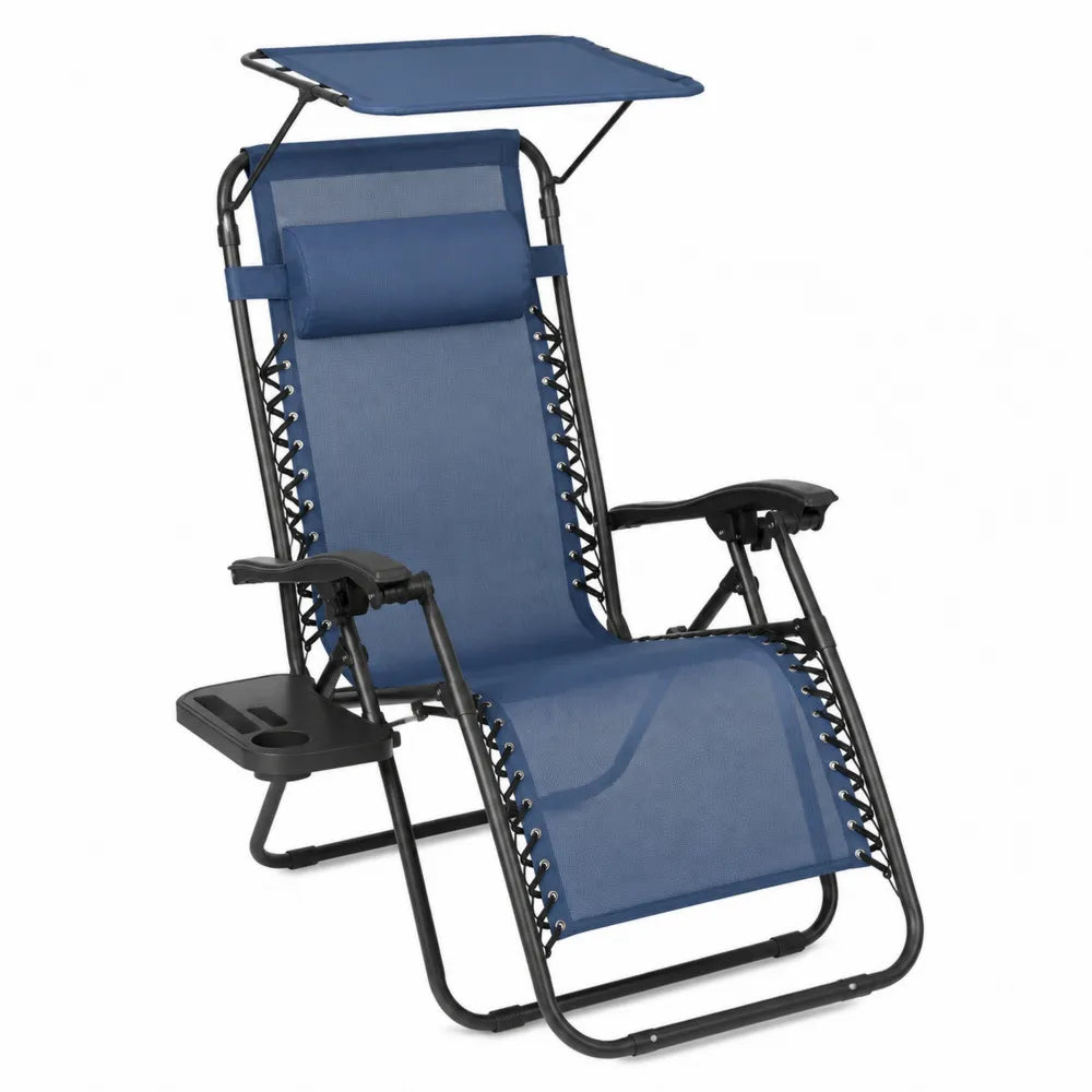 Chaise longue en métal et tissu Bleu avec pare-soleil