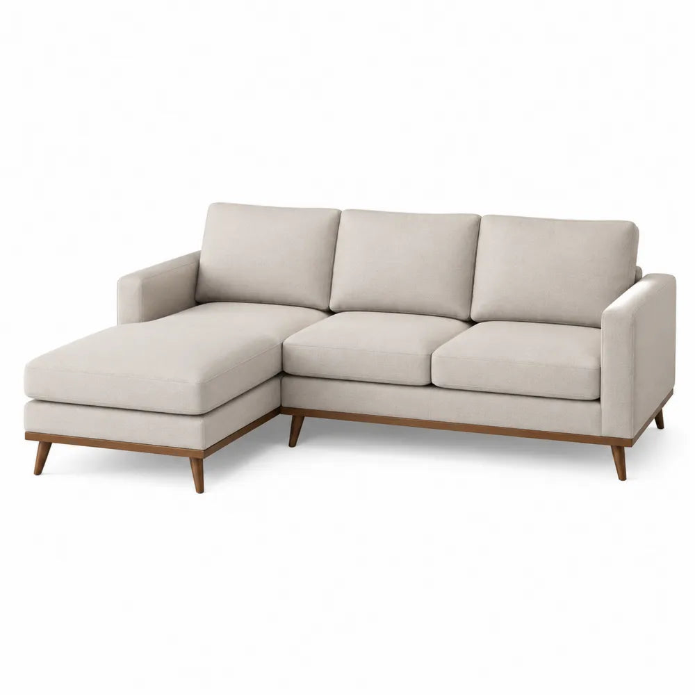Canapé d'angle en polyester beige avec méridienne gauche et pieds en bois