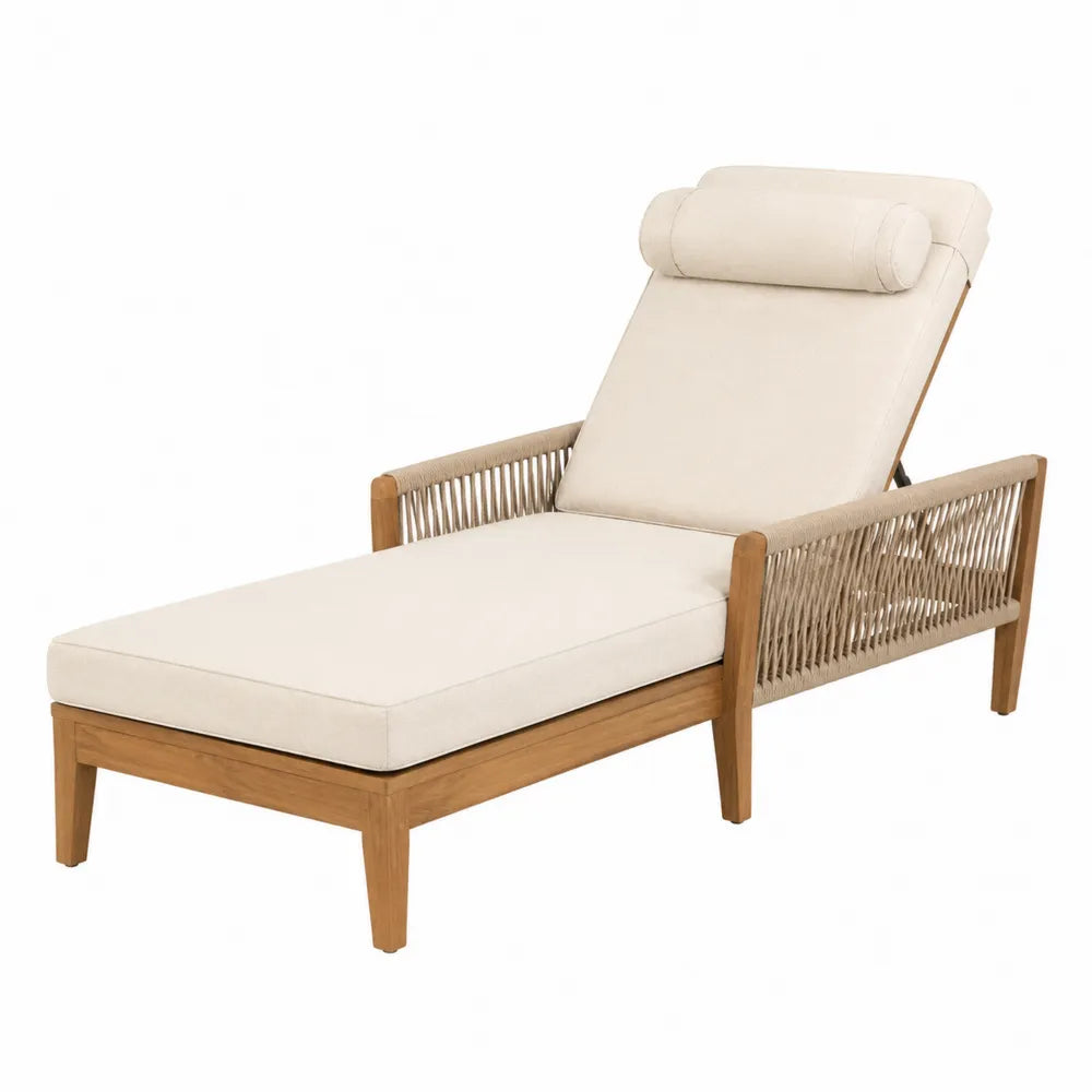 Chaise longue en bois d'acacia et corde avec coussin beige